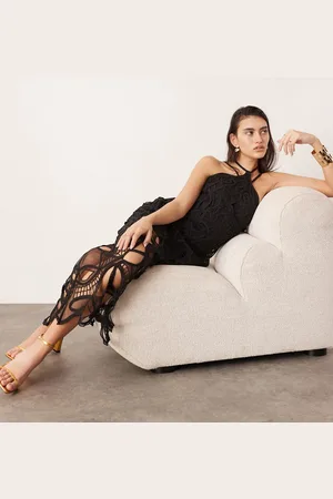 ASOS Embroidered abstract tape work halter midi dress in black