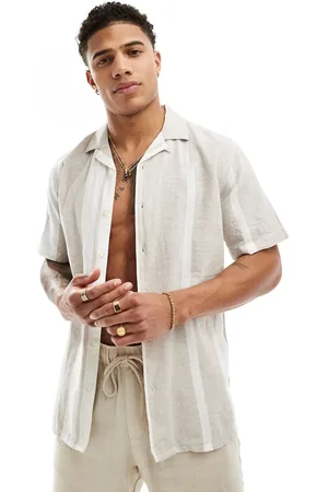 Only & Sons Camp collar linen mix shirt in beige stripe