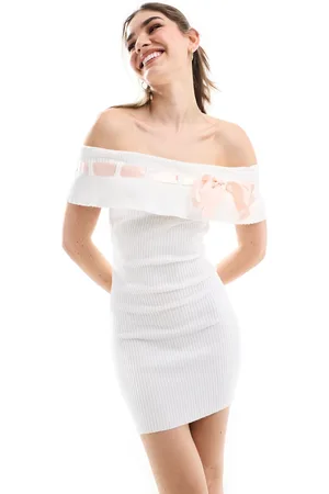 Miss Selfridge Contrast satin bow knit foldover bardot mini dress in cream