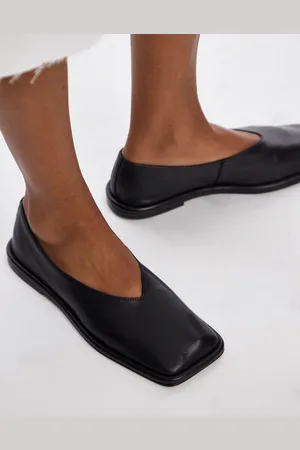 Topshop Charlotte leather square toe unlined flat shoes in