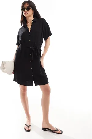 Pieces® Tie waist linen mix mini shirt dress in