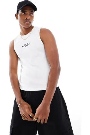 ASOS Muscle fit rib tank top in with text embroidery