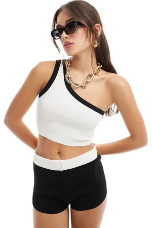 Bershka One shoulder contrast piping knit top in ecru & black stripe