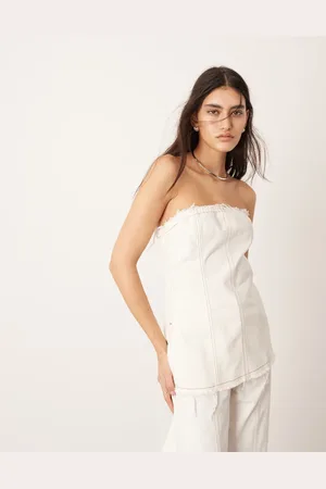 ASOS Denim seam detail bandeau top with raw edge in ecru - part of a set