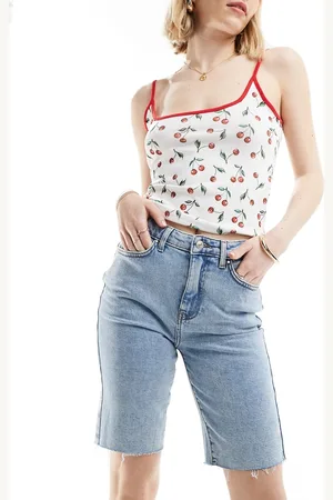 ONLY Emily mid raise raw hem longline denim shorts in light wash
