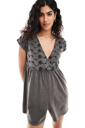 ASOS Wrap front romper with black embroidery in wash