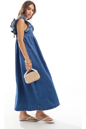ASOS Soft denim smock maxi dress with bow back in midwash