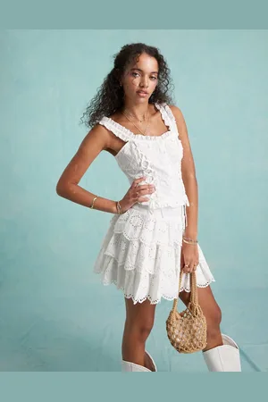 Miss Selfridge Eyelet tiered rara mini skirt in ivory