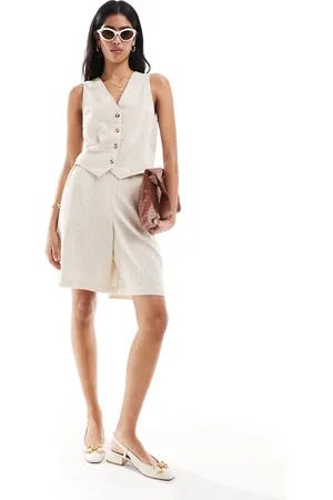 ASOS Longline shorts with linen in natural plaid - part of a set