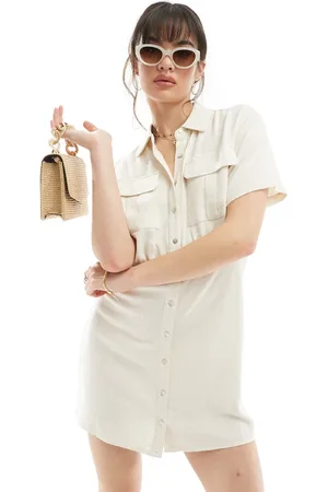 Stradivarius Linen mix utility dress in natural