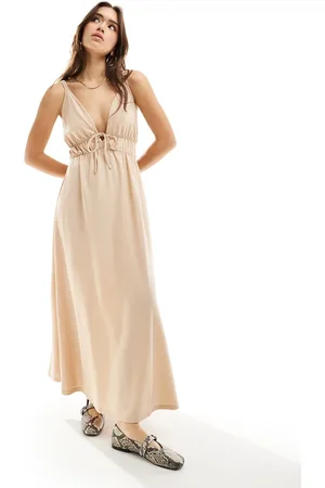 Y.A.S Y.A.S textured double strap tie front cami maxi dress in cream