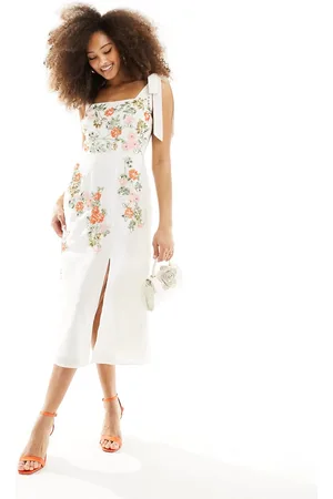 Maya Deluxe Tie shoulder embellished midi dress in cream