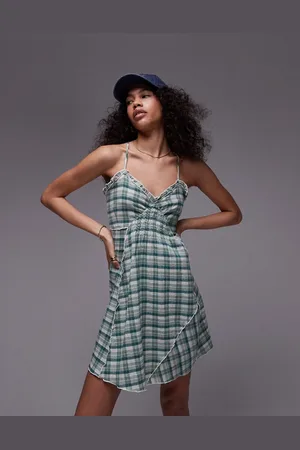 Topshop Strappy ruched waist mini flippy dress in mint plaid