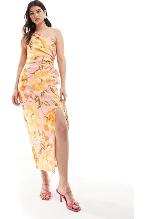 EVER NEW Asymmetric cut-out waist midi dress in yellow floral