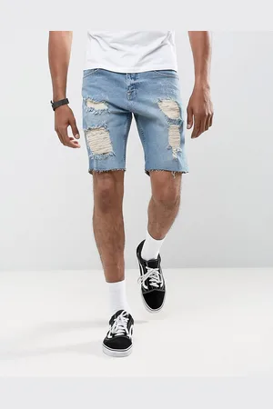 ASOS ASOS Denim Shorts In Slim Mid Wash Vintage With Heavy Rips