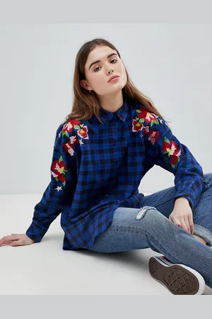ASOS ASOS Oversized Check long sleeve Boyfriend shirt with Embroidery