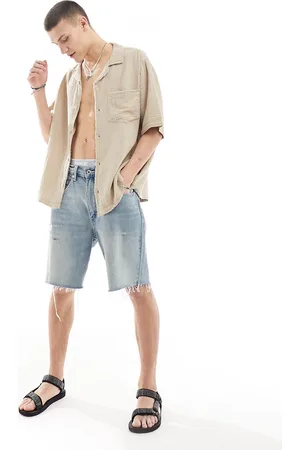 COLLUSION Textured oversized camp collar short sleeve shirt with raw seam detail in ecru