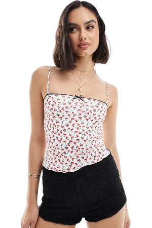 Bershka Strappy straight neck cami top in cherry print