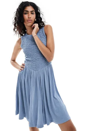 ASOS Crinkle shirred bodice mini dress with open back in denim