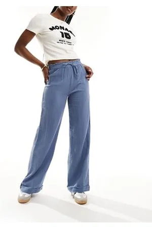 Pull&Bear Drawstring waist crinkle finish pants in blue