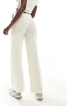 Fashionkilla Pointelle foldover waist wide leg pants in ivory - part of a set