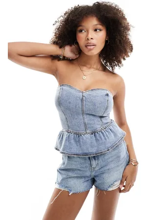 Miss Selfridge Denim peplum bandeau top in bleach wash