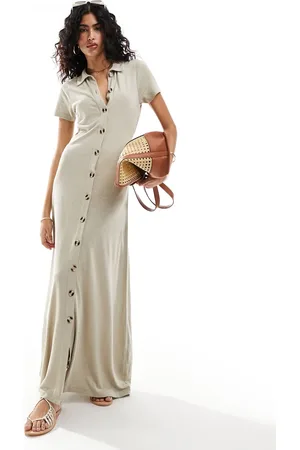 ASOS Collared linen look maxi tea dress with button front in stone