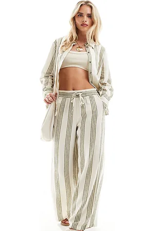 JDY Wide leg linen mix pants in sage and white stripe - part of a set