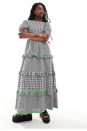 Neon Rose Tiered puff sleeve gingham midi dress in