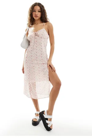 Daisy Street Cross back midi cami dress in pink ditsy print