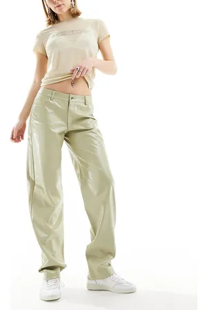 Noisy May Wide leg faux leather pants in light sage