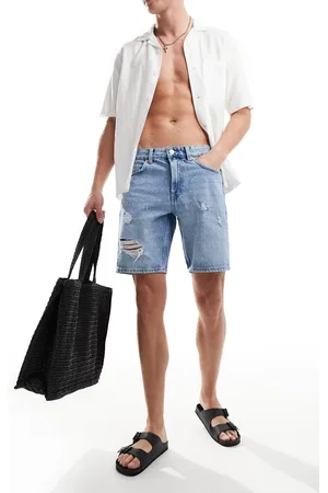 Only & Sons Loose fit denim shorts with abrasions in light wash