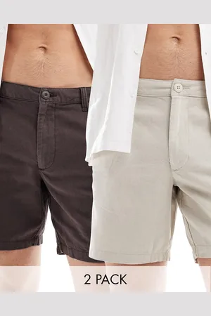 ASOS Slim mid length linen mix shorts with fixed waist in brown/stone 2 pack