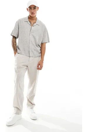 Weekday Charlie linen boxy fit short sleeve shirt in light mole