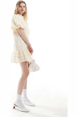 Ghospell Textured puff sleeve mini dress in ivory