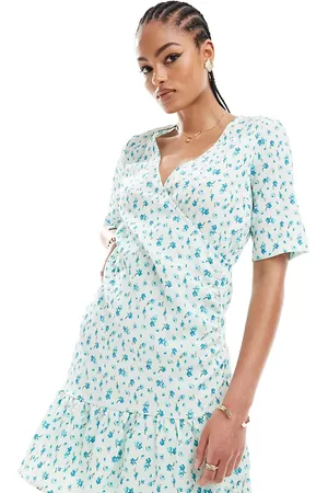 VERO MODA Wrap front mini dress in light blue floral