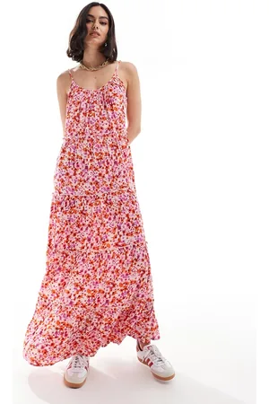 VILA Tiered maxi cami dress in pink floral print