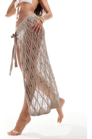 Miss Selfridge Beach crochet tie side maxi sarong in taupe