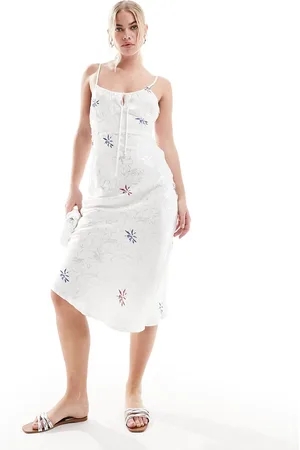 SNDYS Satin embroidered floral midi dress in