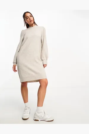 JDY Puff sleeve knitted mini sweater dress in stone