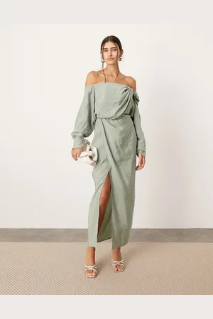 ASOS Twist off-shoulder midi dress with cut-out detail in sage