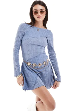 Miss Selfridge Mixed texture short sleeve scoop back dress in denim