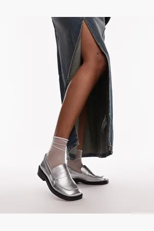 Topshop Cole premium leather square toe loafers in silver
