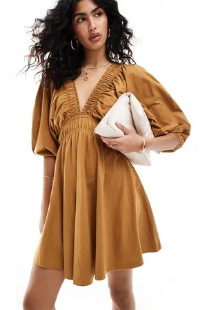 ASOS Plunge elastic tea mini dress with ruched waist in brown