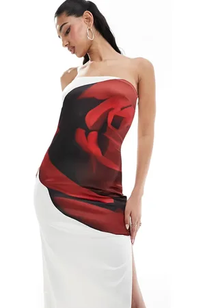 Kaiia Satin rose print bandeau maxi dress in