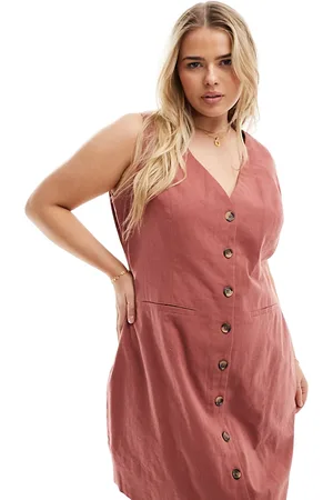 ASOS ASOS DESIGN Curve mini button up linen mix vest dress in tobacco