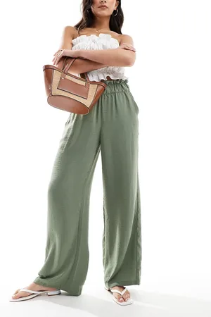 JDY Paperbag waist wide leg linen look pants in khaki