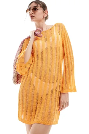 VILA Open knit throw on beach dress in bright