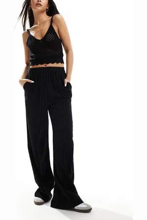 VILA Linen touch wide leg pants with stretch waist in pinstripe