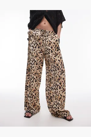 Topshop Leopard printed satin straight leg tie waist pants in light leopard